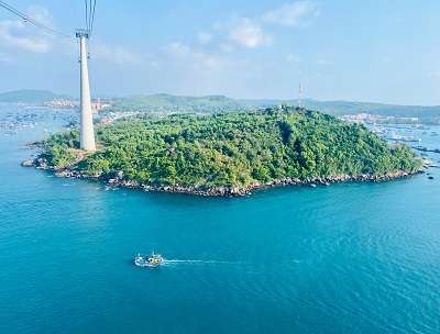 phu quoc Island, grren island in the middle of a sea, a tower in the corner of the island