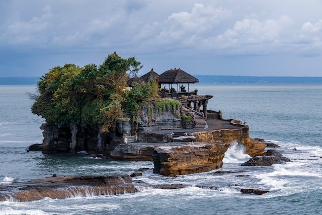 Tanah lot temple on mountains near sea in Bali, Indonesia