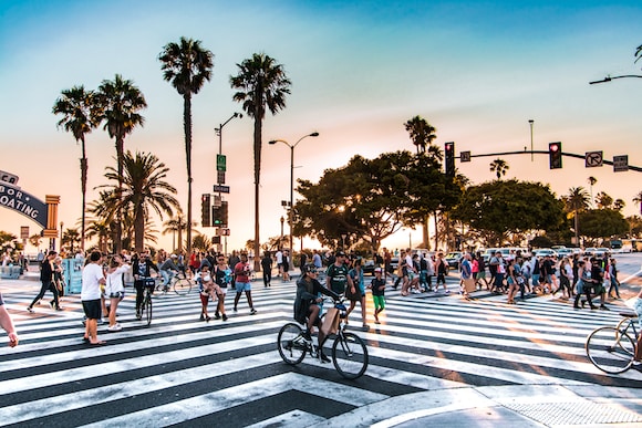 poeple crossing the street during summer at Santa Monica, California