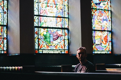 Glass window of a church with beautiful interior