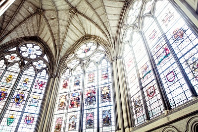 Glass windows of a church with magnificent interiors